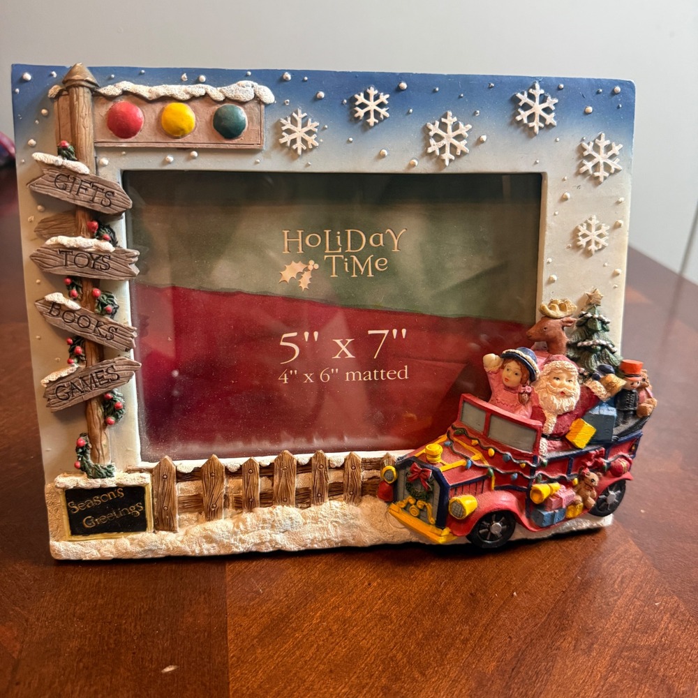 Vtg Holiday Time Christmas Santa Car 3D Resin Picture Frame 5x7 4x6